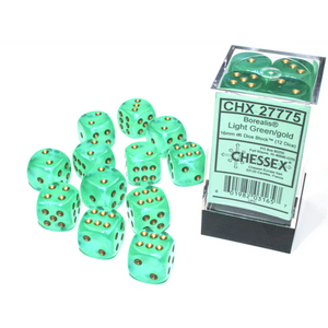 Borealis® 16mm d6 Light Green/Gold Luminary™ Dice Block™ (12 Dice)