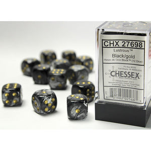 Lustrous® 16mm d6 Black/Gold Dice Block™ (12 Dice)